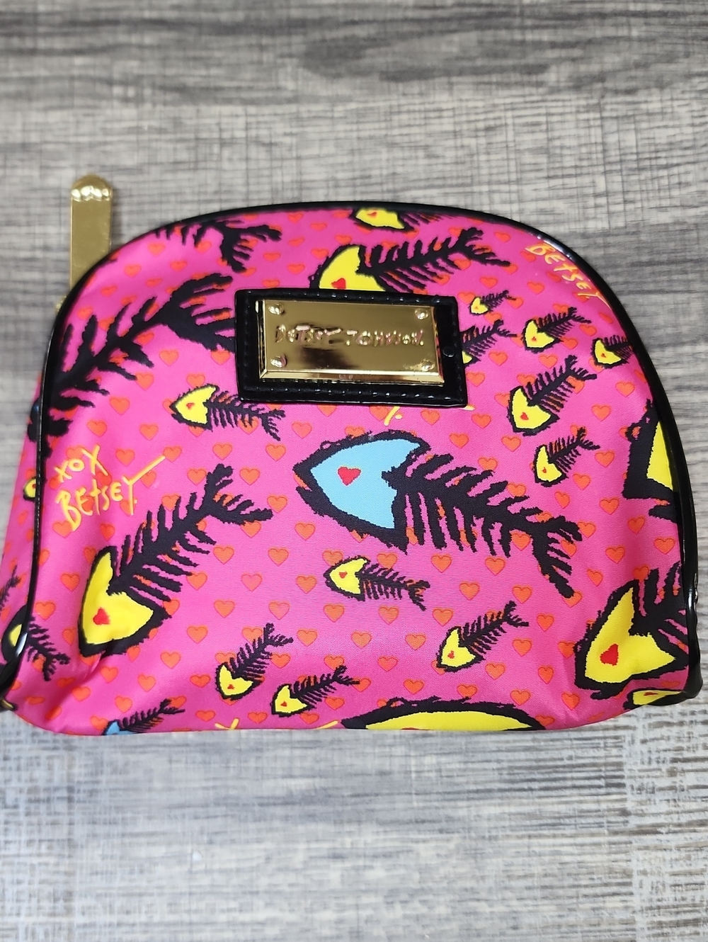 Betsey Johnson Pink & Yellow Fishbone Cosmetic Case